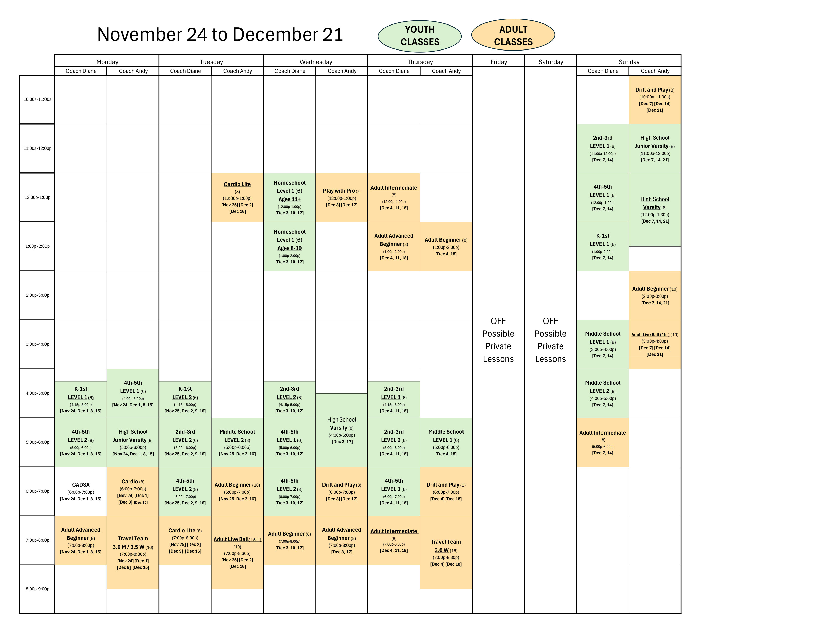 Tennis Classes Nov 24 to Dec 21