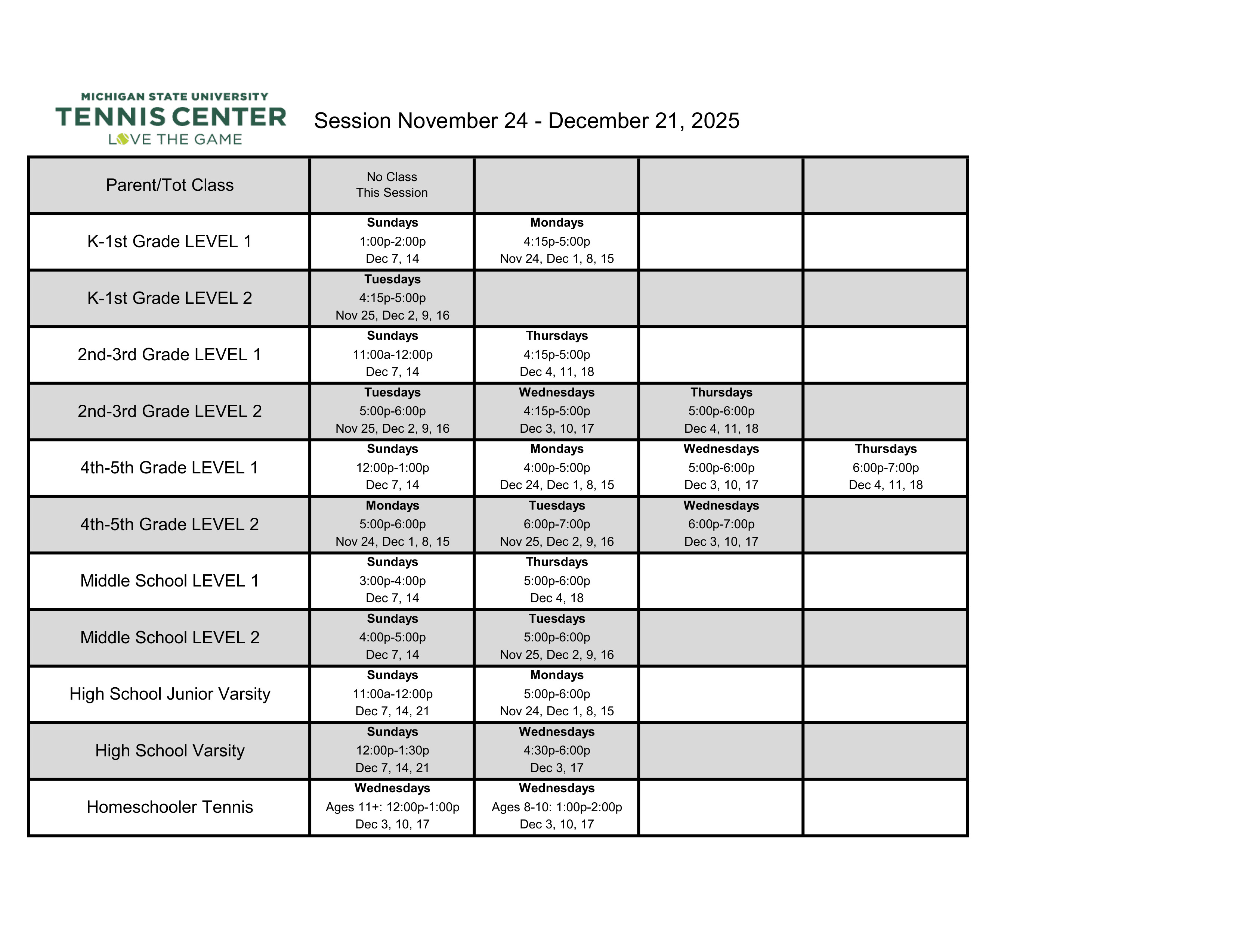 Youth Classes Nov 24th to Dec 21