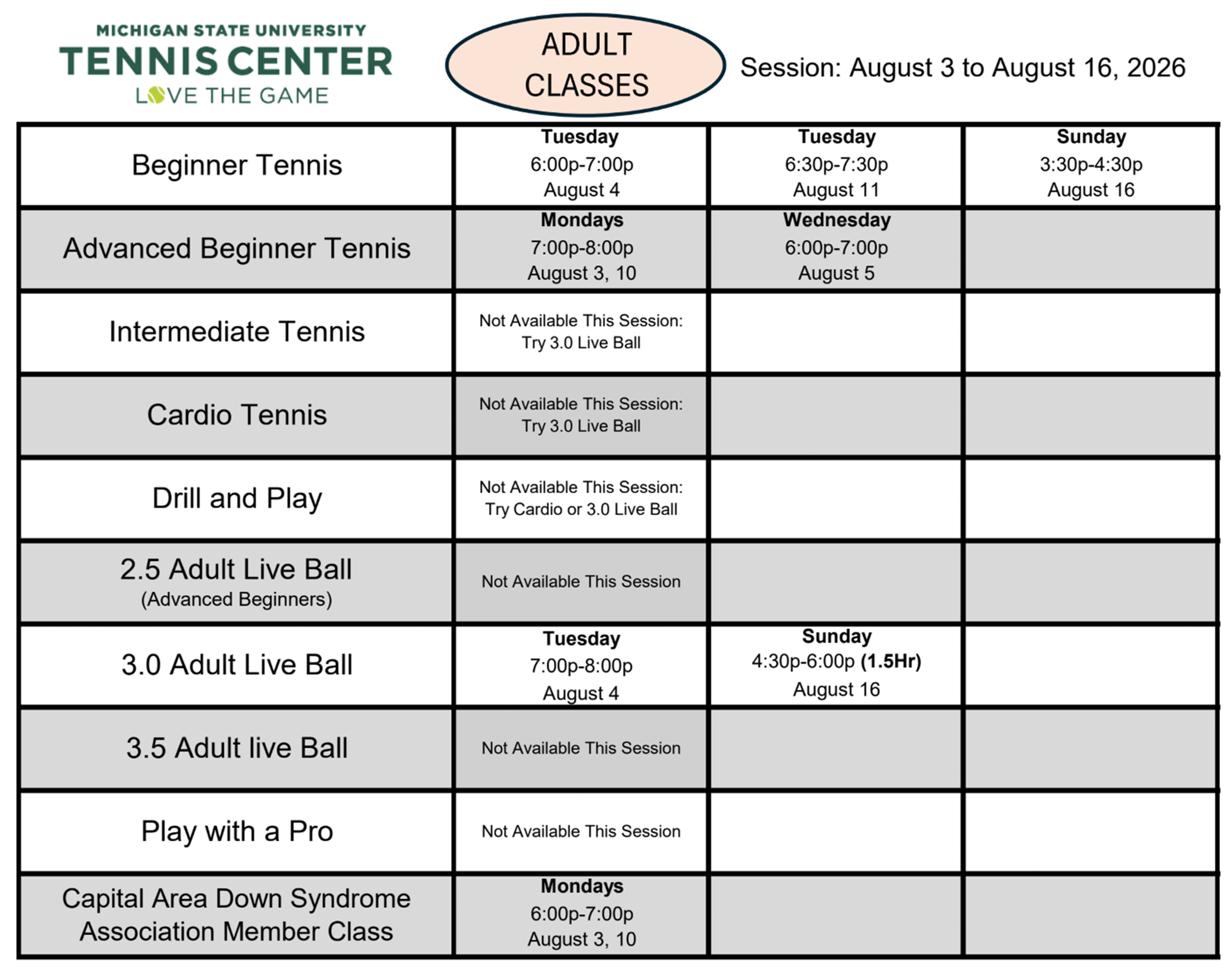 Adult Classes August 3 to August 16