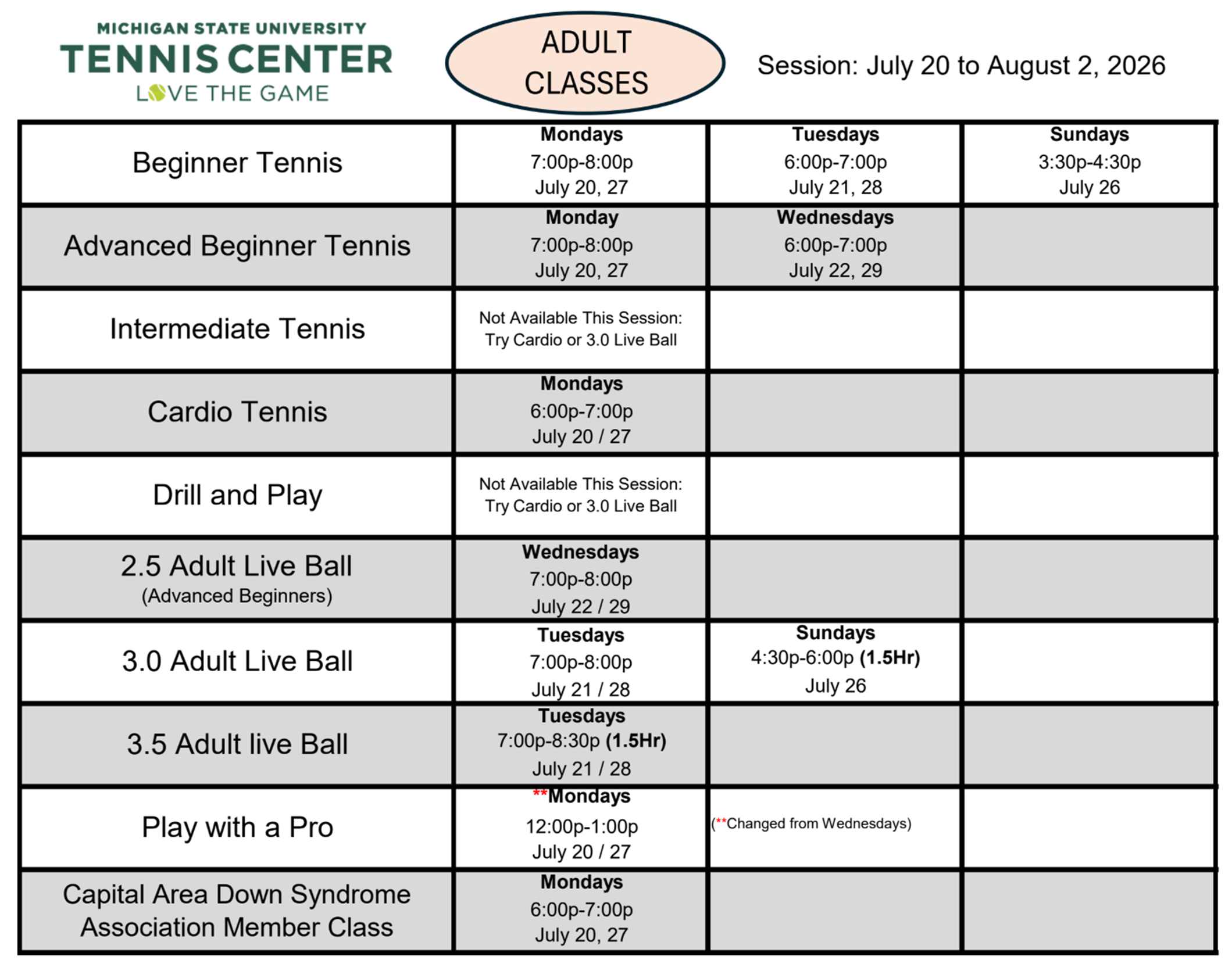 Adult Classes July 20 to August 2