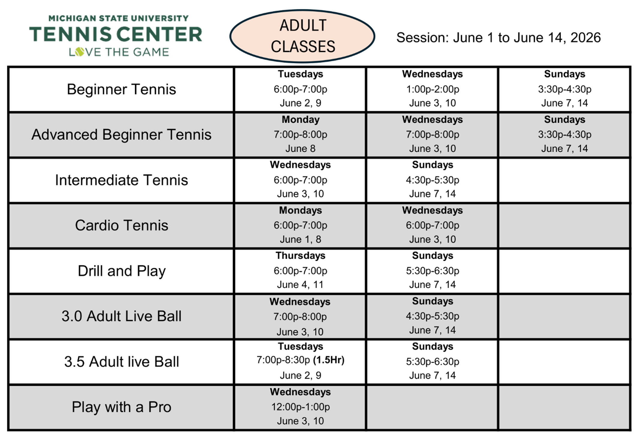 Adult Classes June 1 to June 14