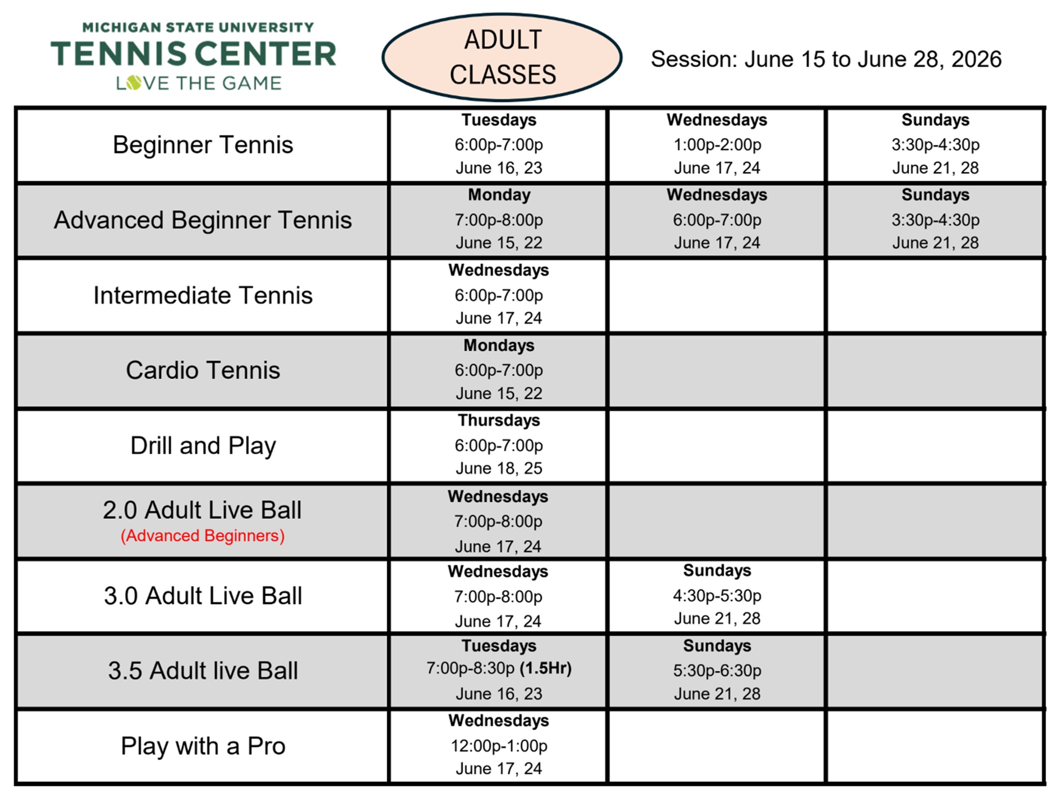 Adult Classes June 15 to June 28