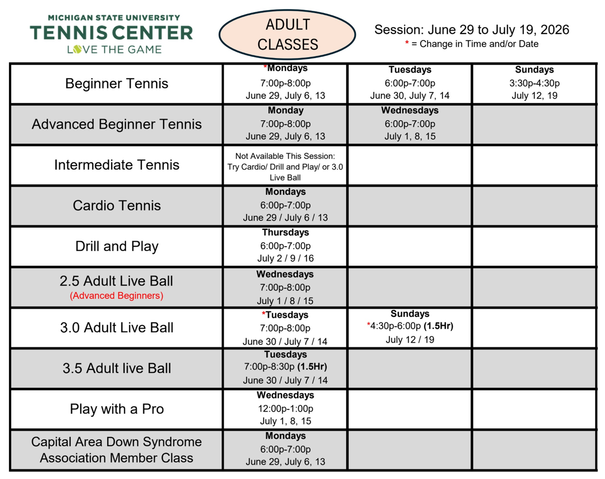 Adult Classes June 29 to July 19