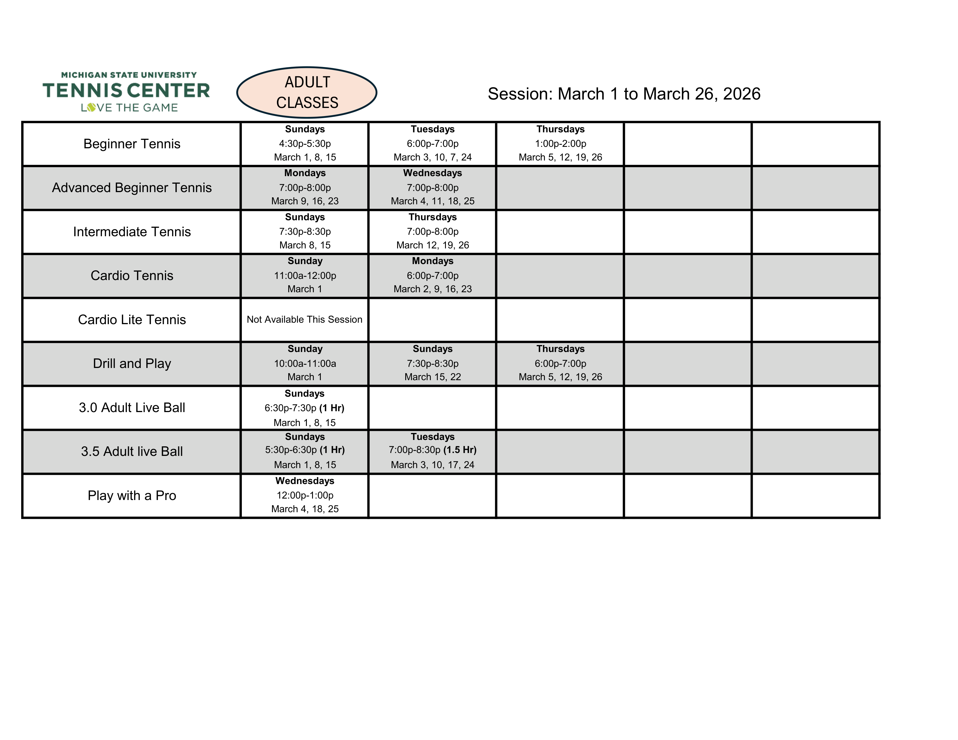 Adult Classes March 1st to March 26th