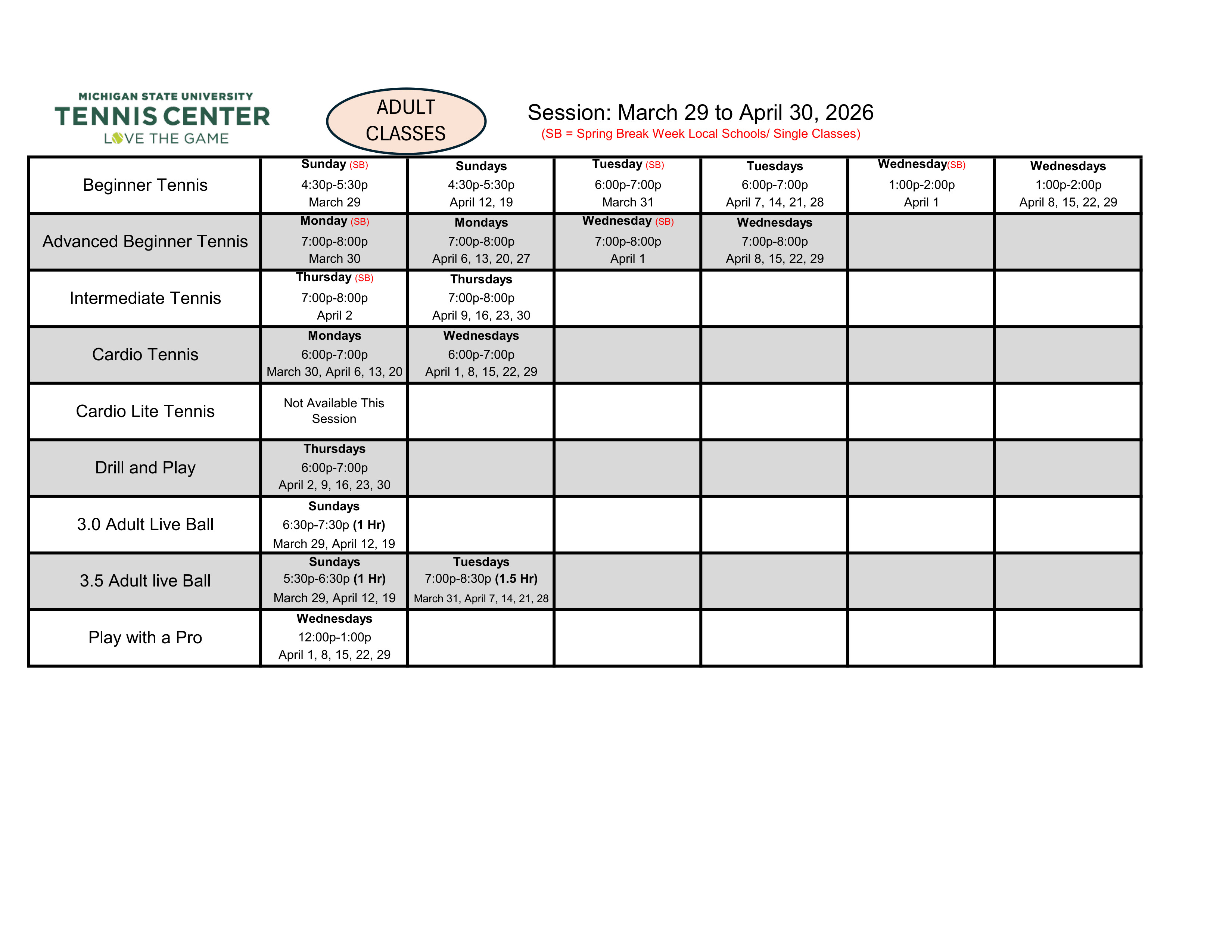 Adult Classes March 29 to April 30