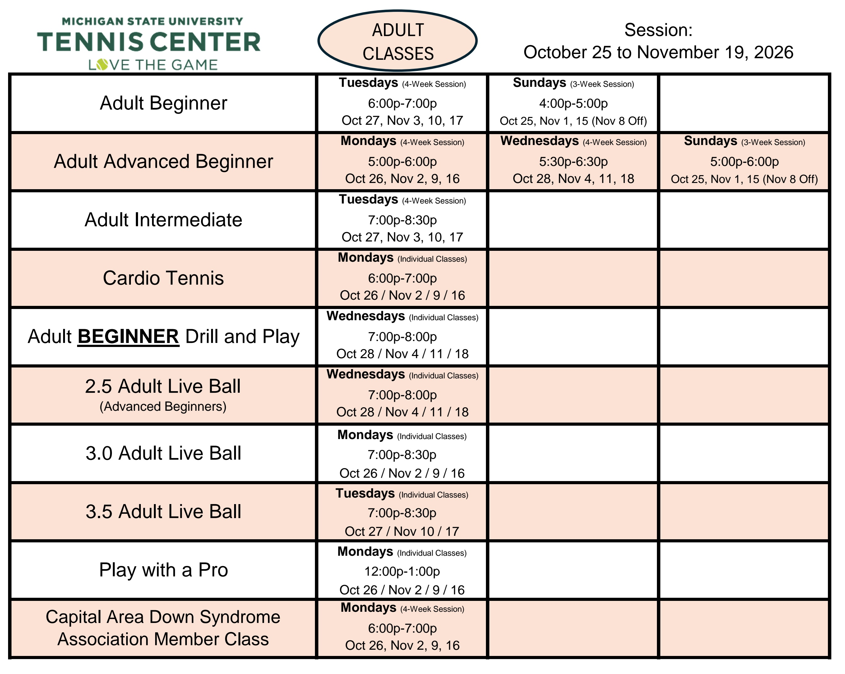Adult Classes October 25 to November 19