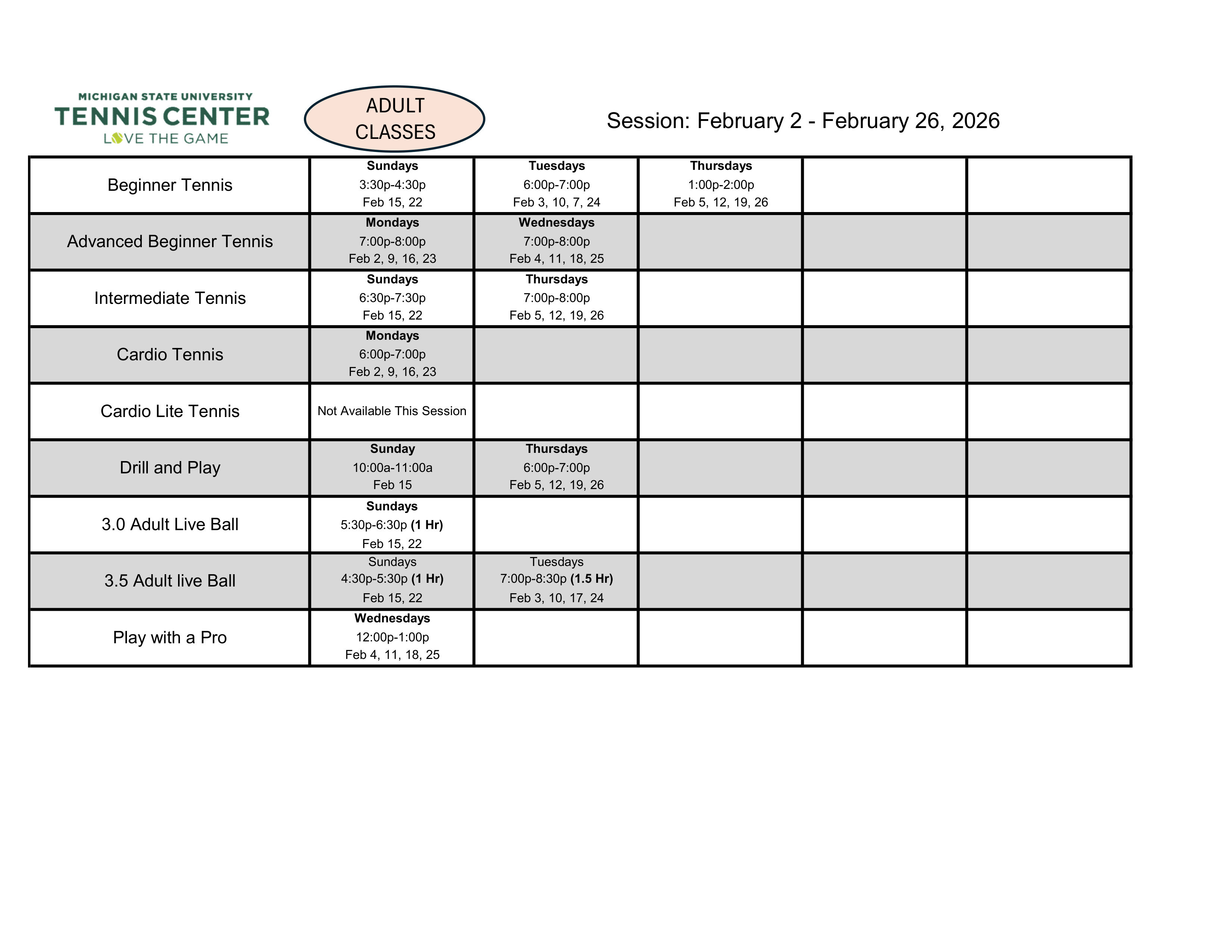 Adult Class Chart Feb 2nd to Feb 26th