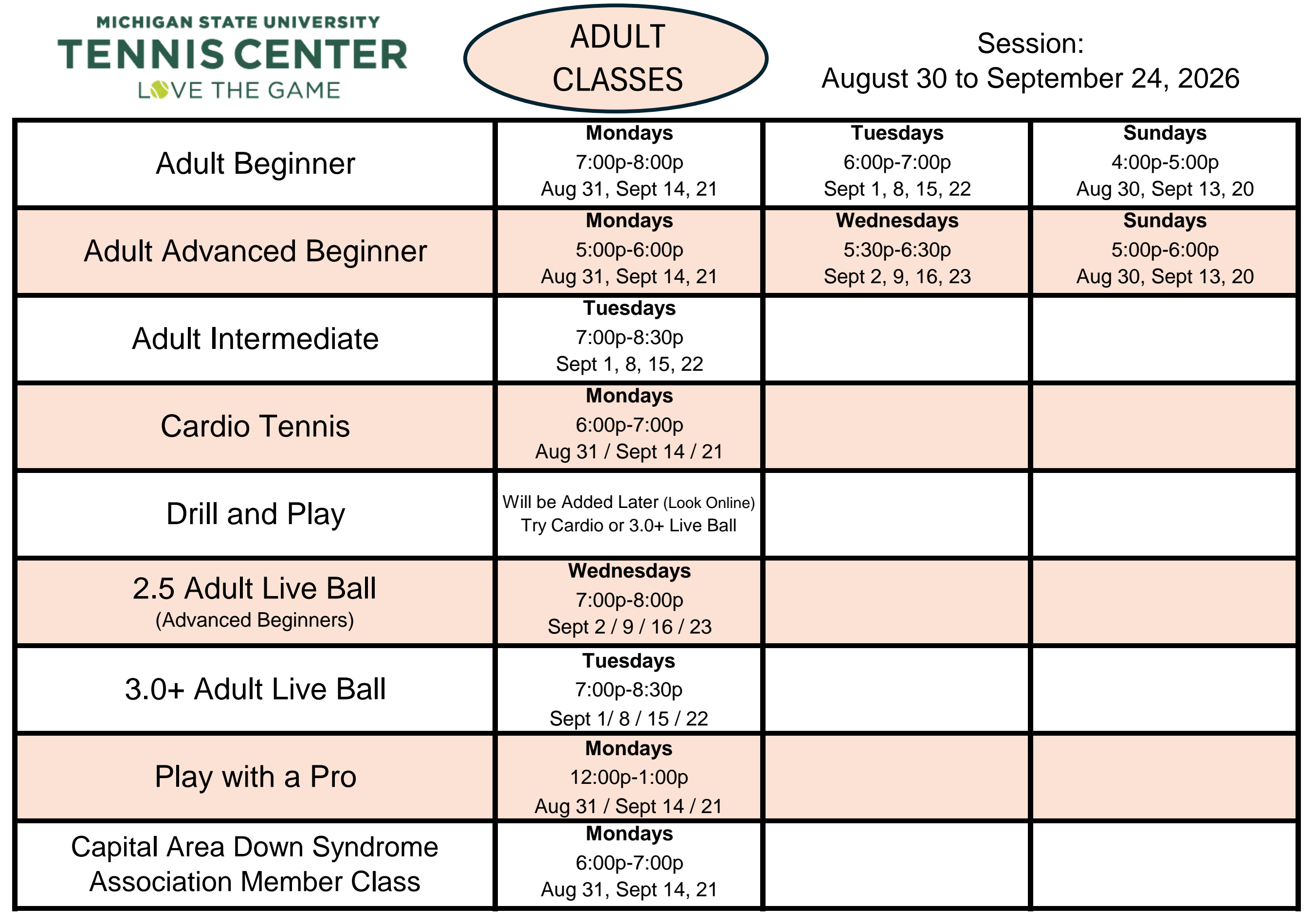 Adult Classes Offered August 30 to September 24
