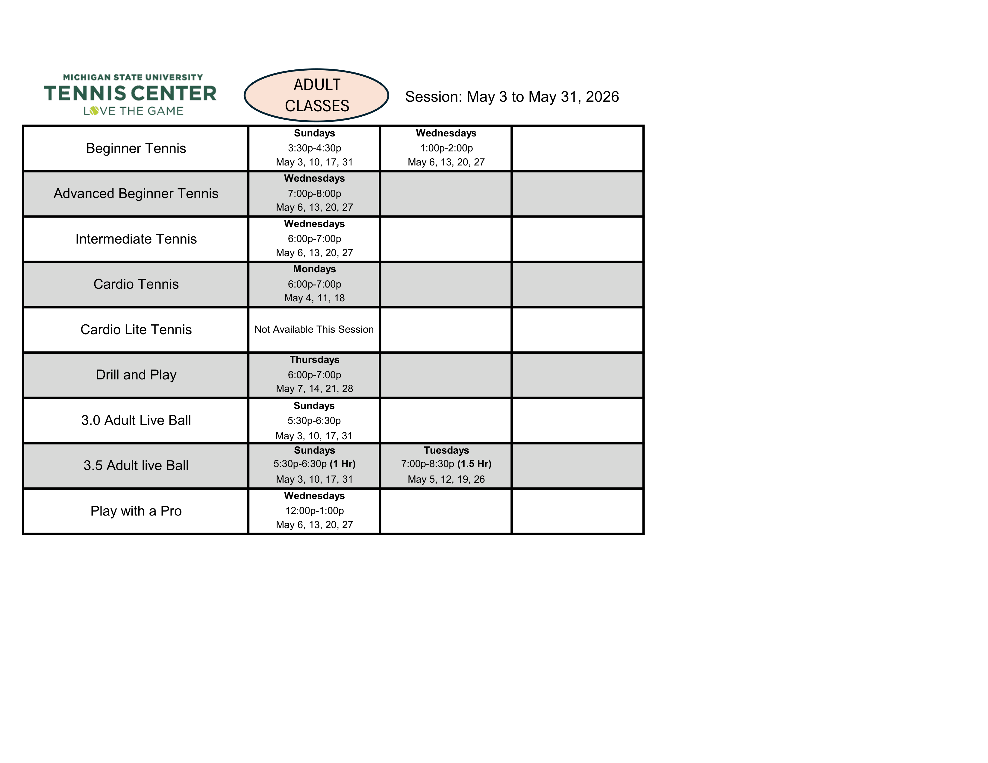 Adult Classes Offered May 3 to May 31