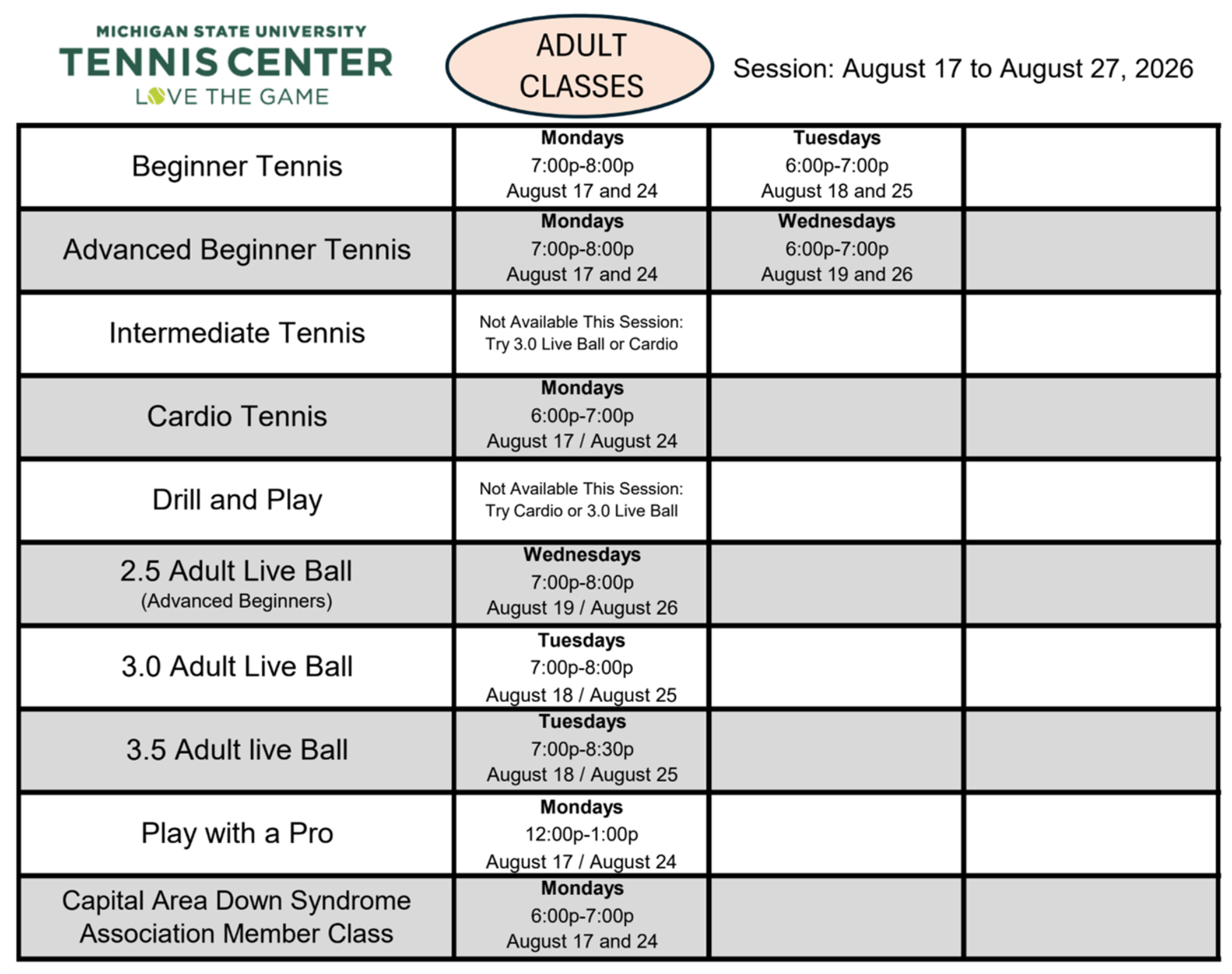 Adult Classes August 17 to August 27