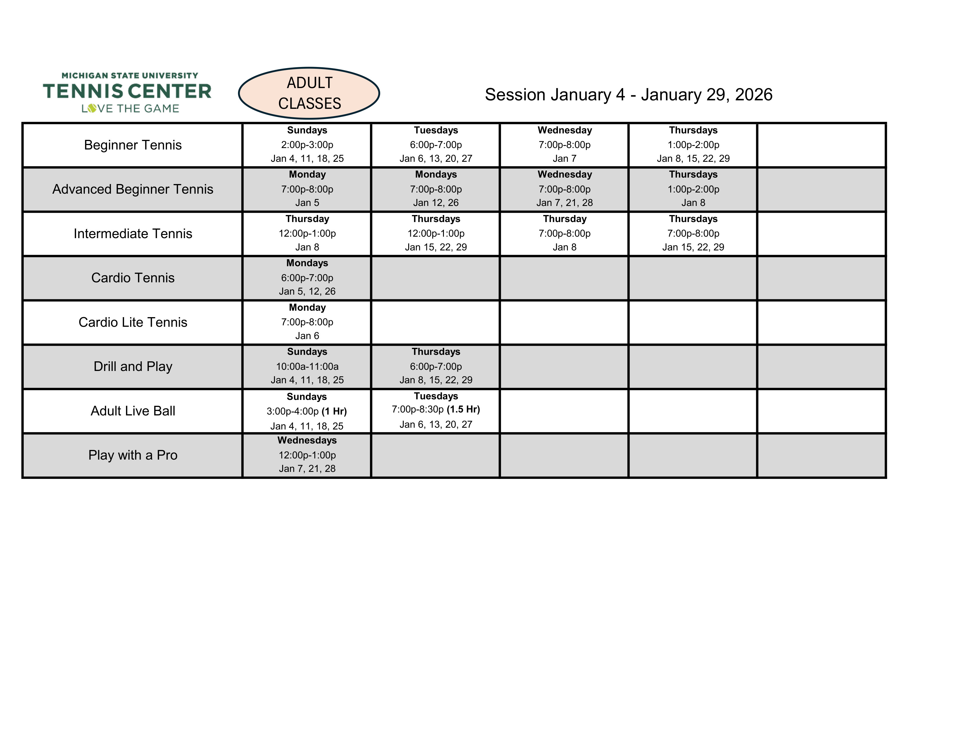 Adult Classes January 4th to January 29th