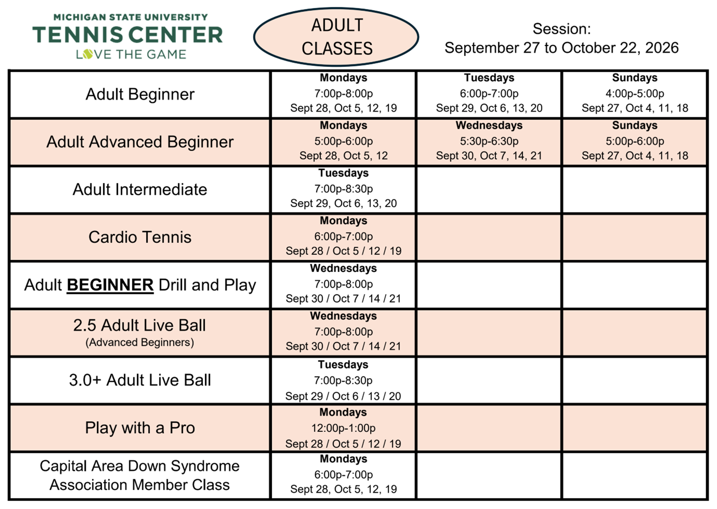 Adult Classes September 27 to October 22