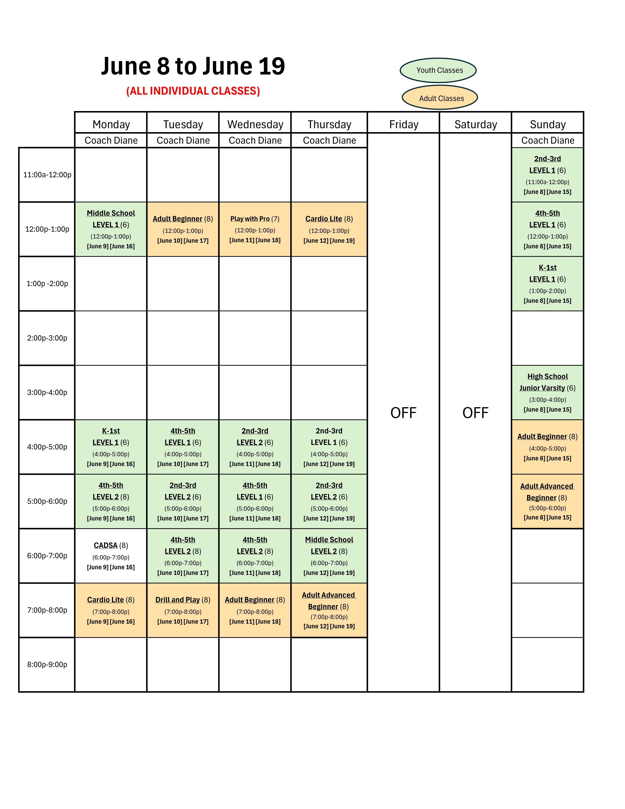 June 8 to June 19 Weekly Classes