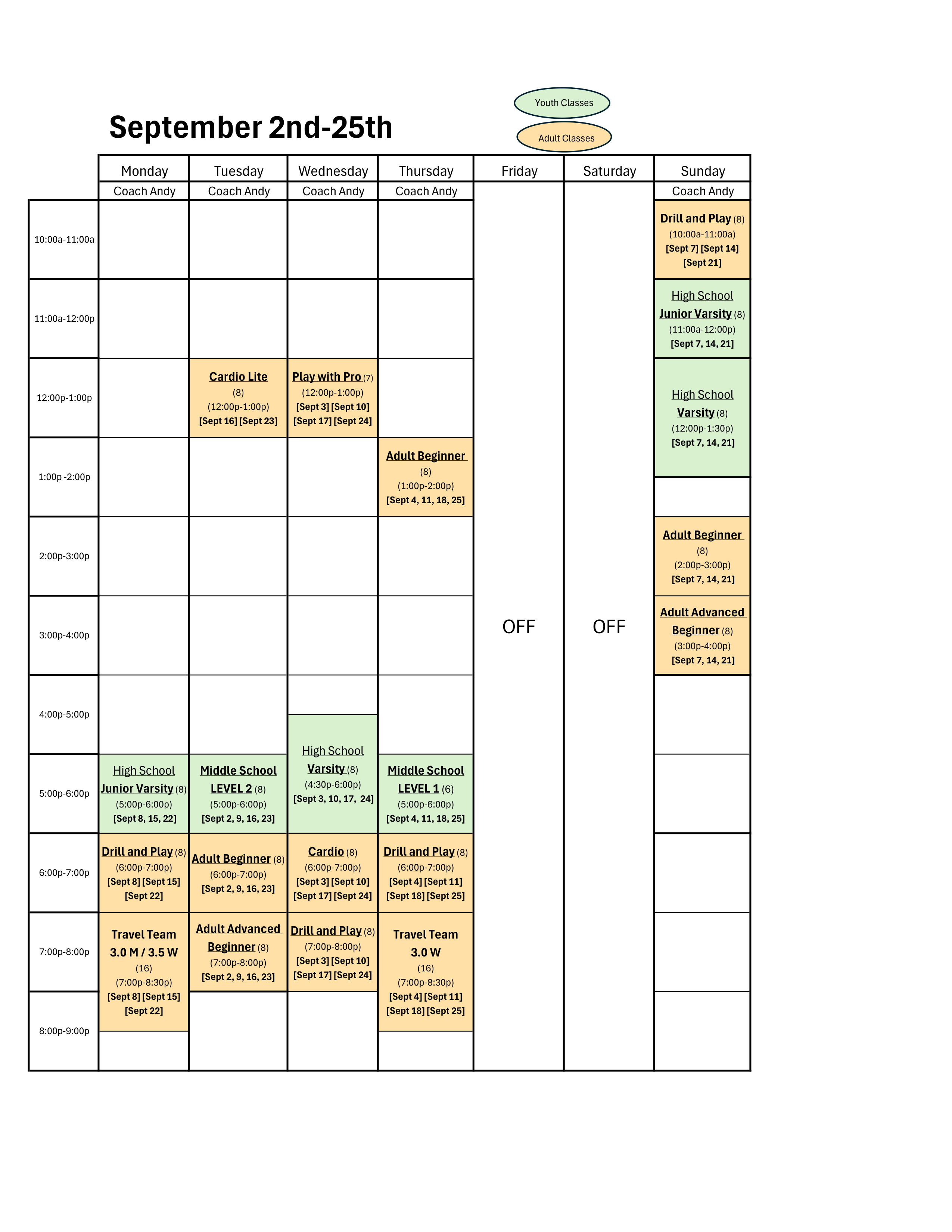 September Class Schedule for Coach Andy