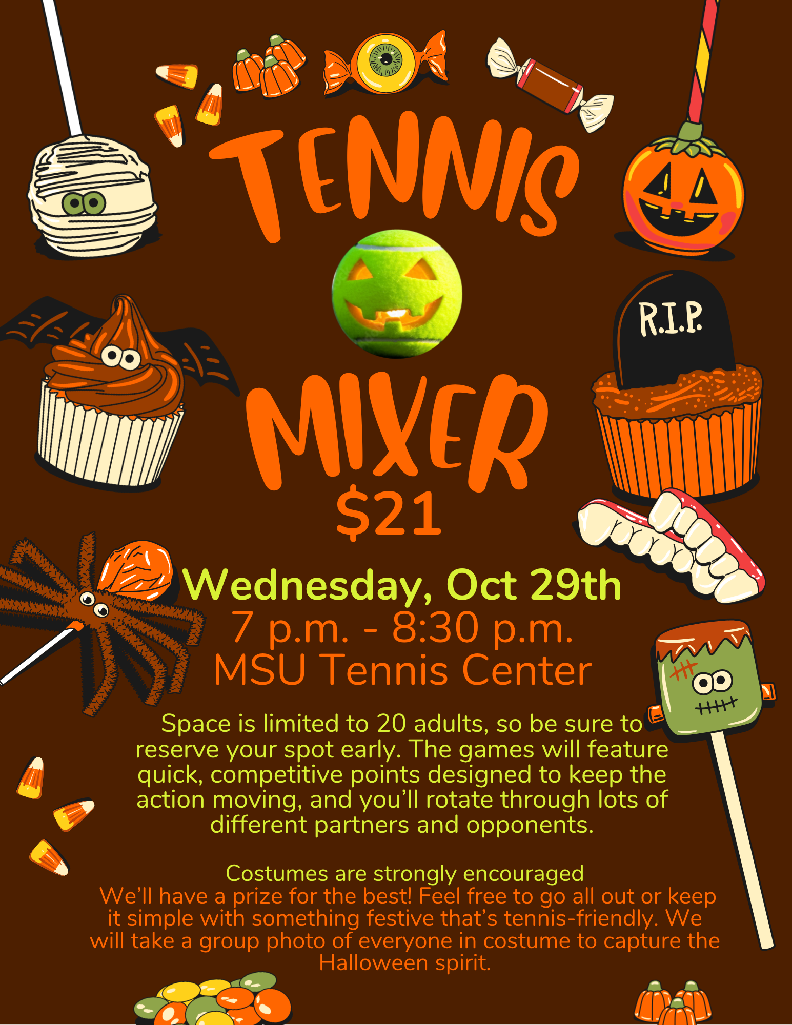 Halloween Themed Tennis Mixer Wednesday October 29 from 7:00 pm to 8:30 pm
