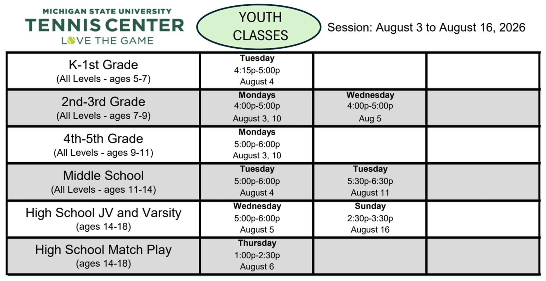 Youth Classes August 3 to August 16