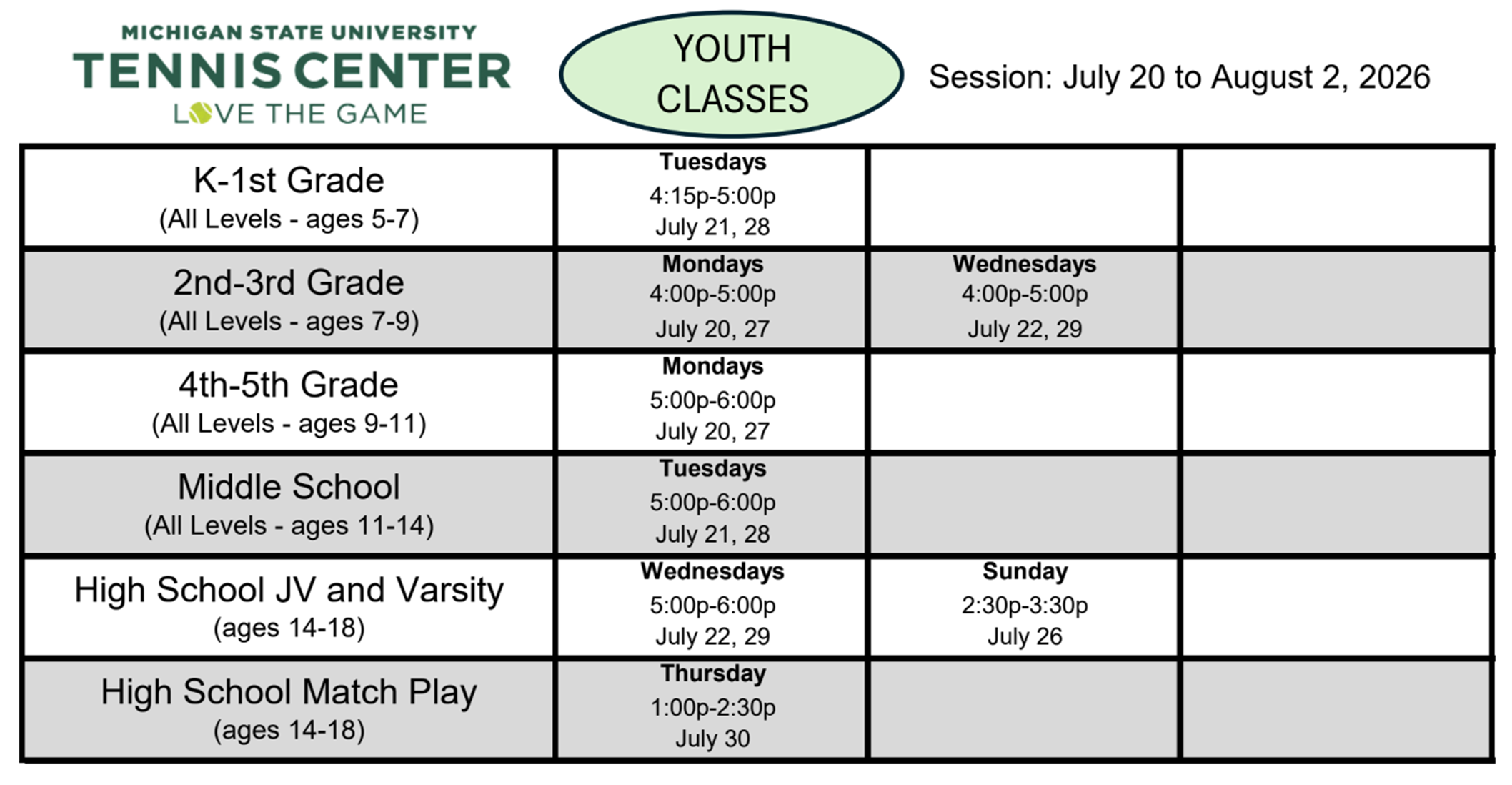 Youth Classes July 20 to August 2