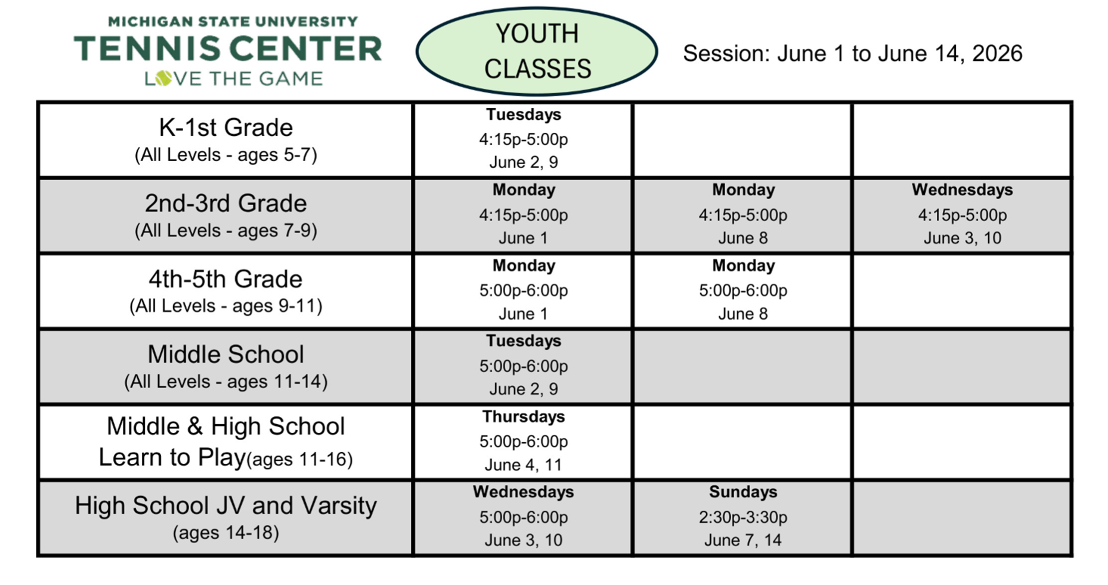 Youth Classes June 1 to June 14