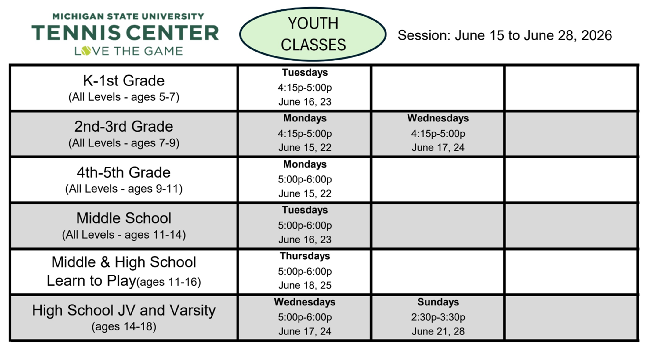 Youth Classes June 15 to June 28