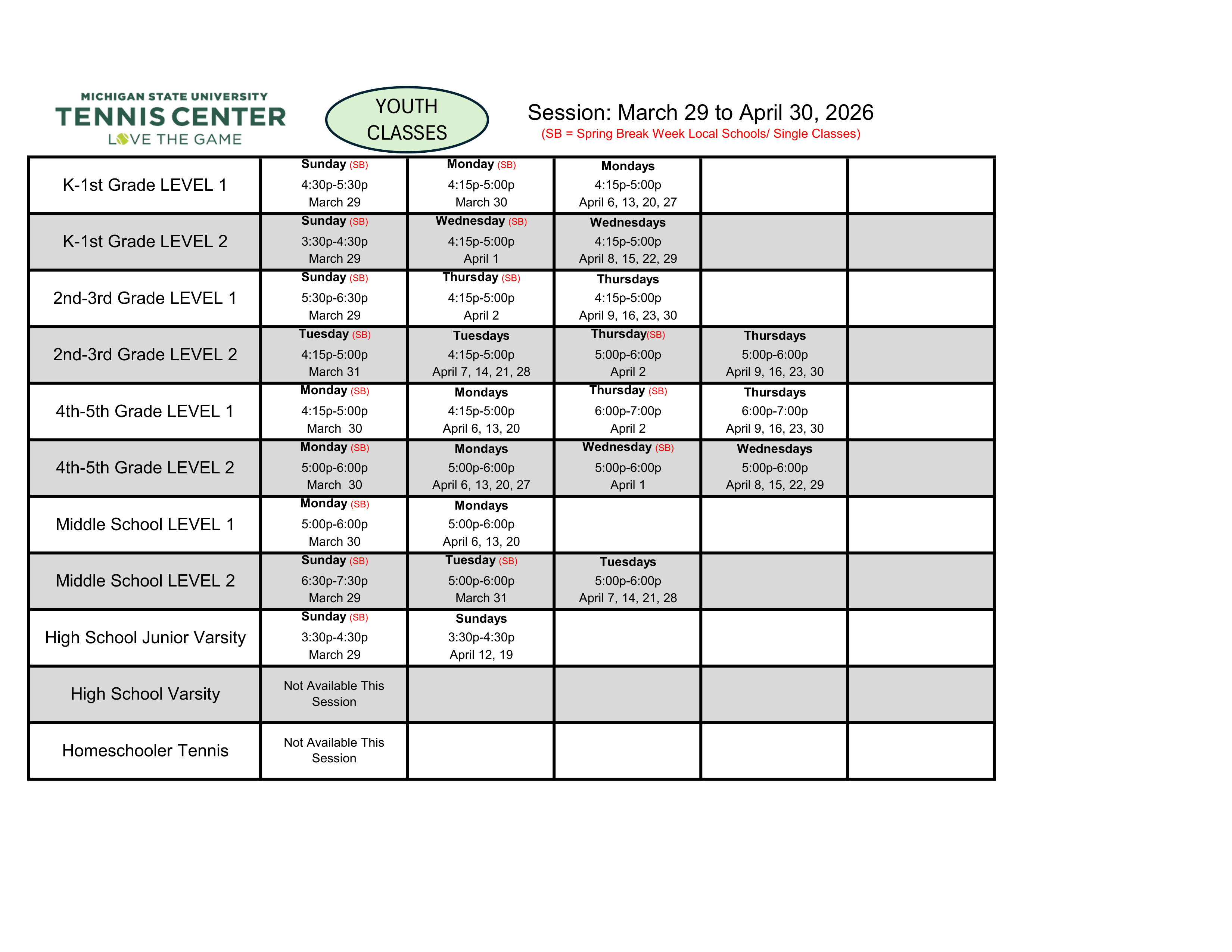 Youth Classes March 29 to April 30