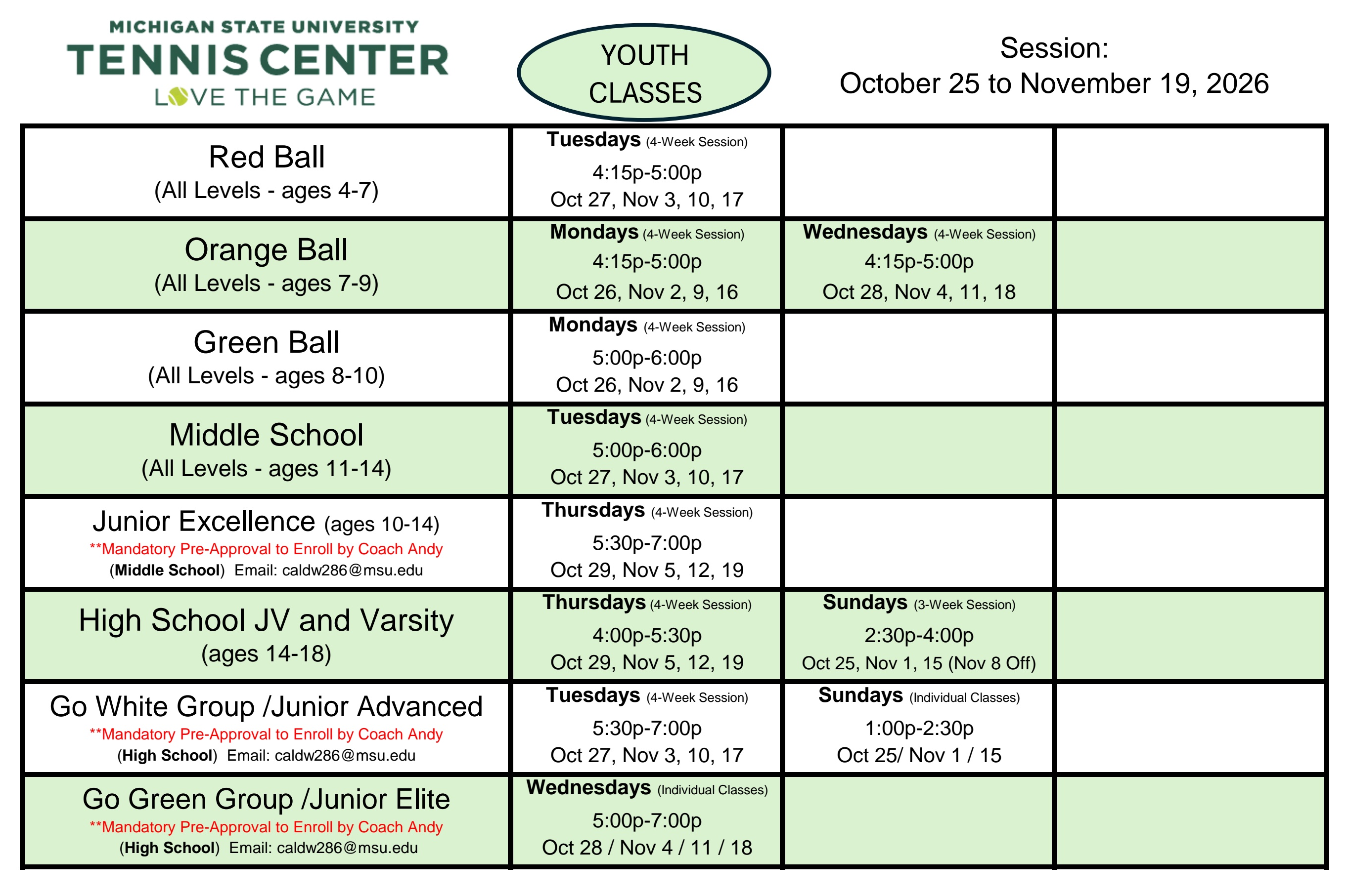 Youth Classes October 25 to November 19