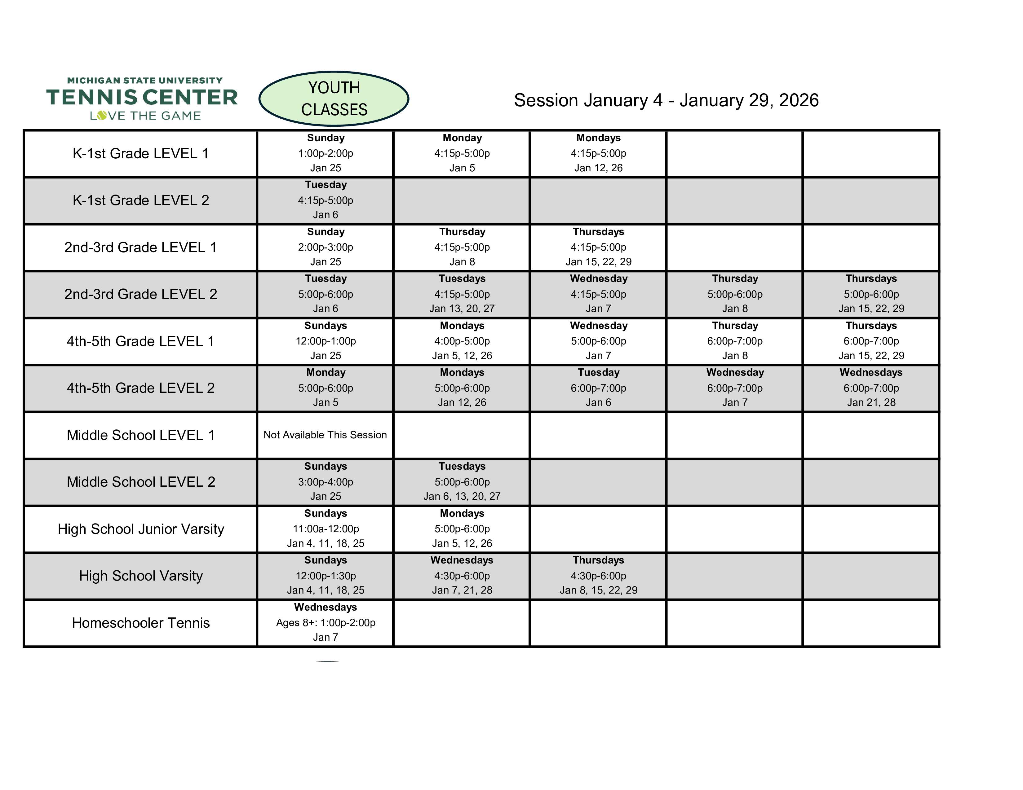 Youth Classes January 4 to January 29