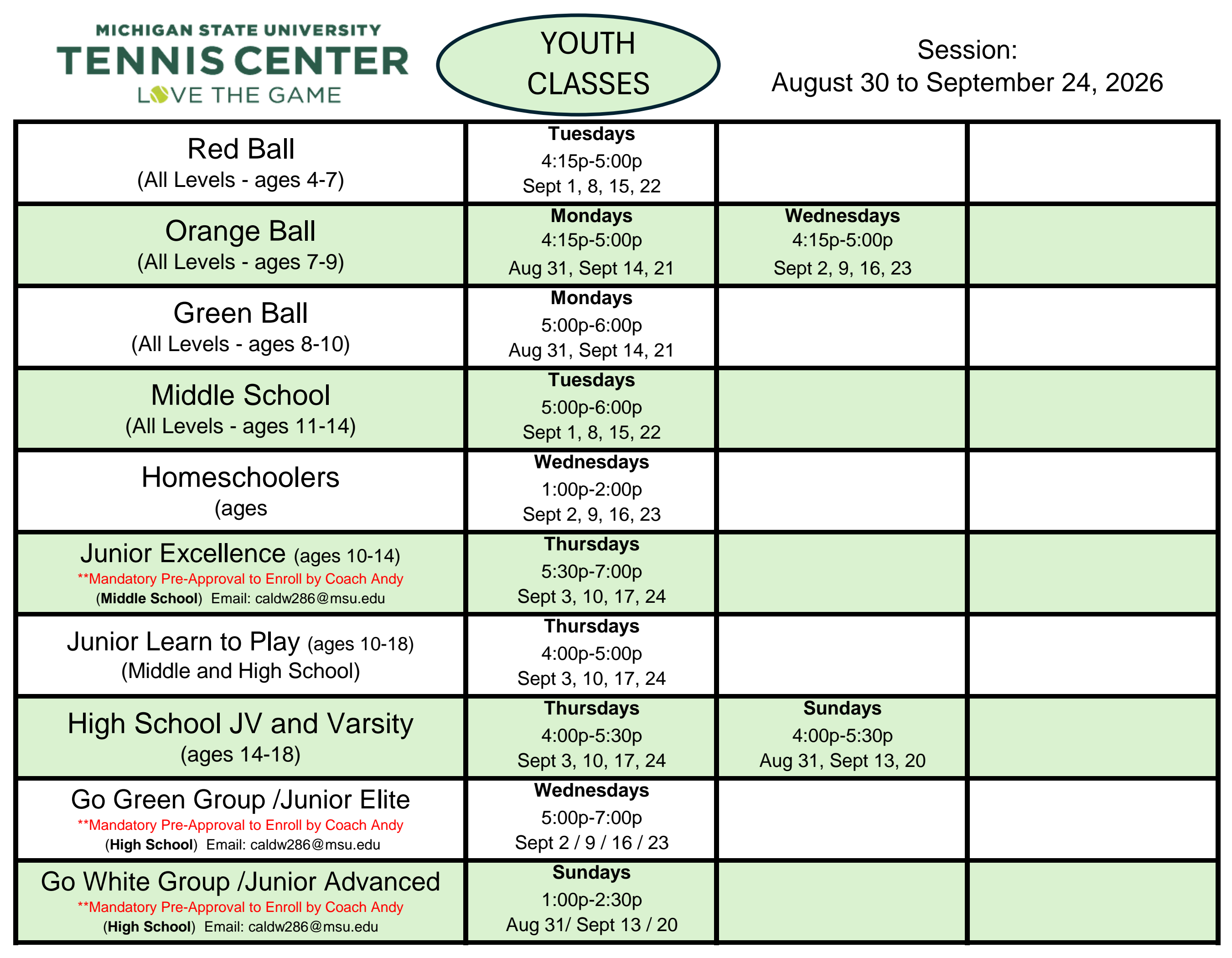 Youth Classes Offered August 30 to September 24