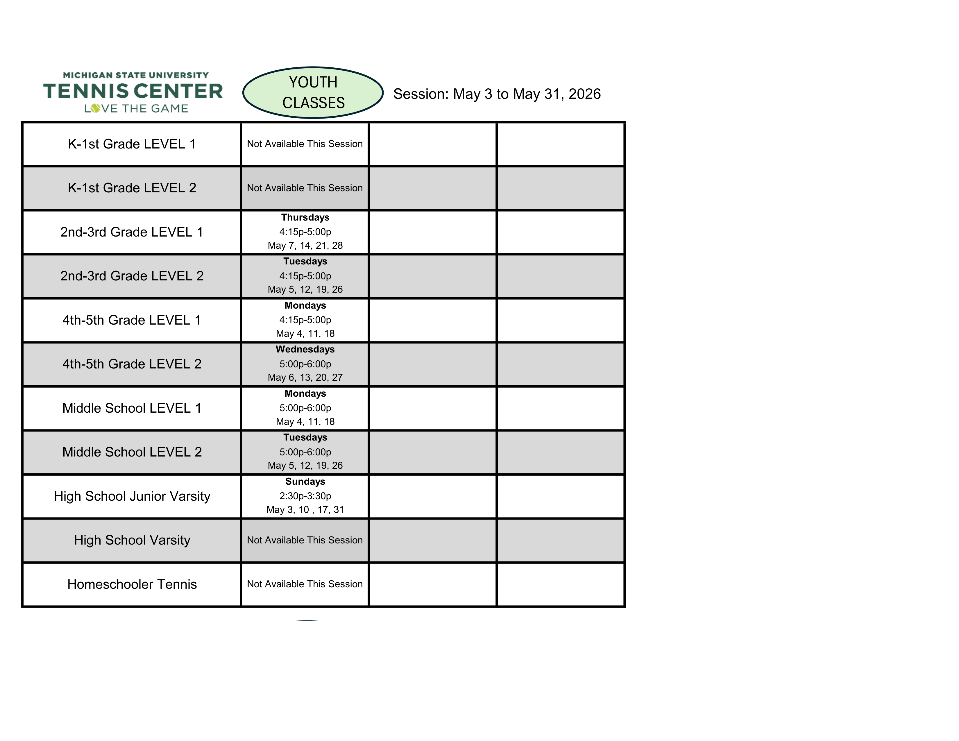 Youth Classes Offered May 3 to May 31