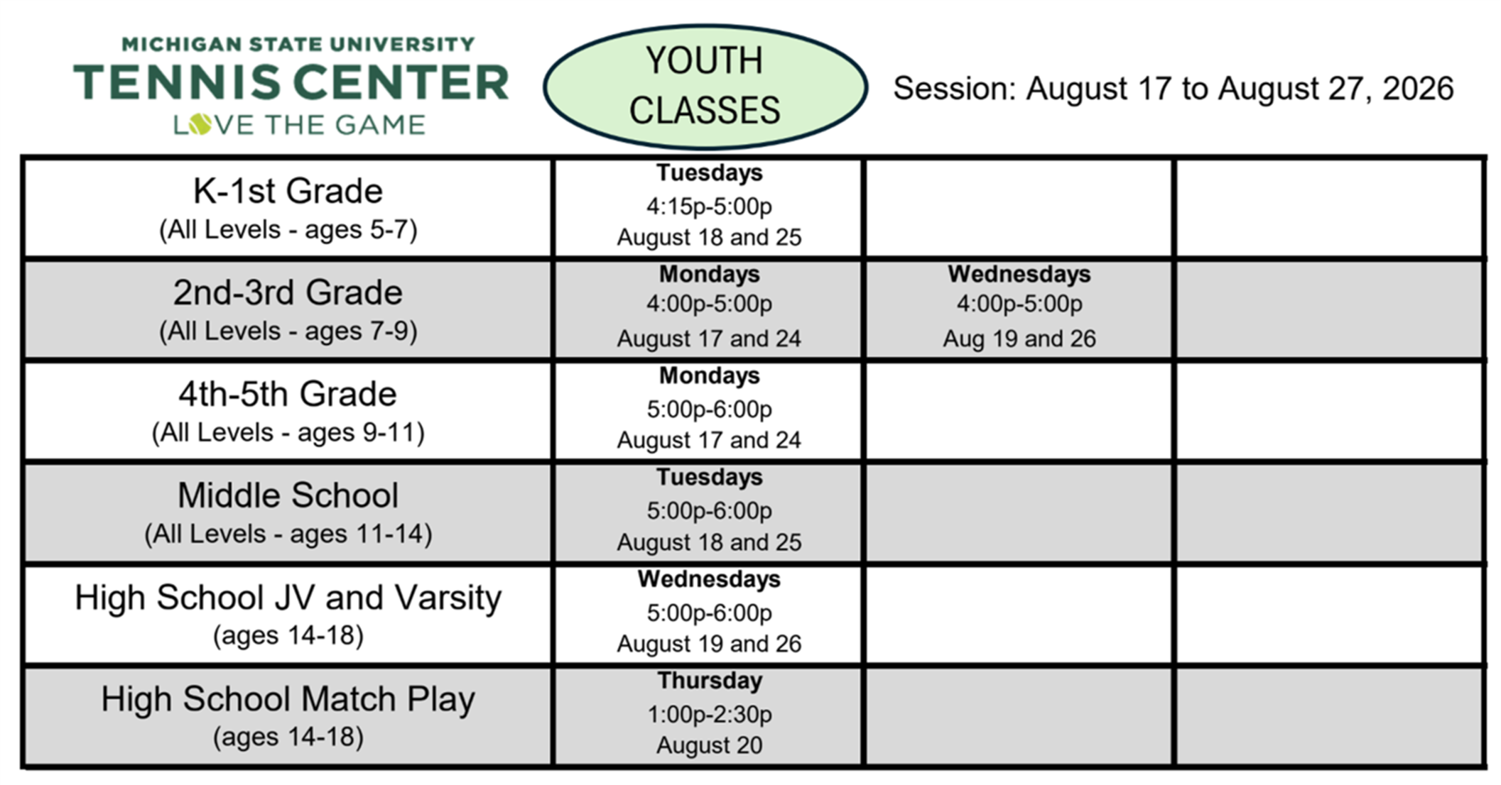 Youth Classes August 17 to August 27