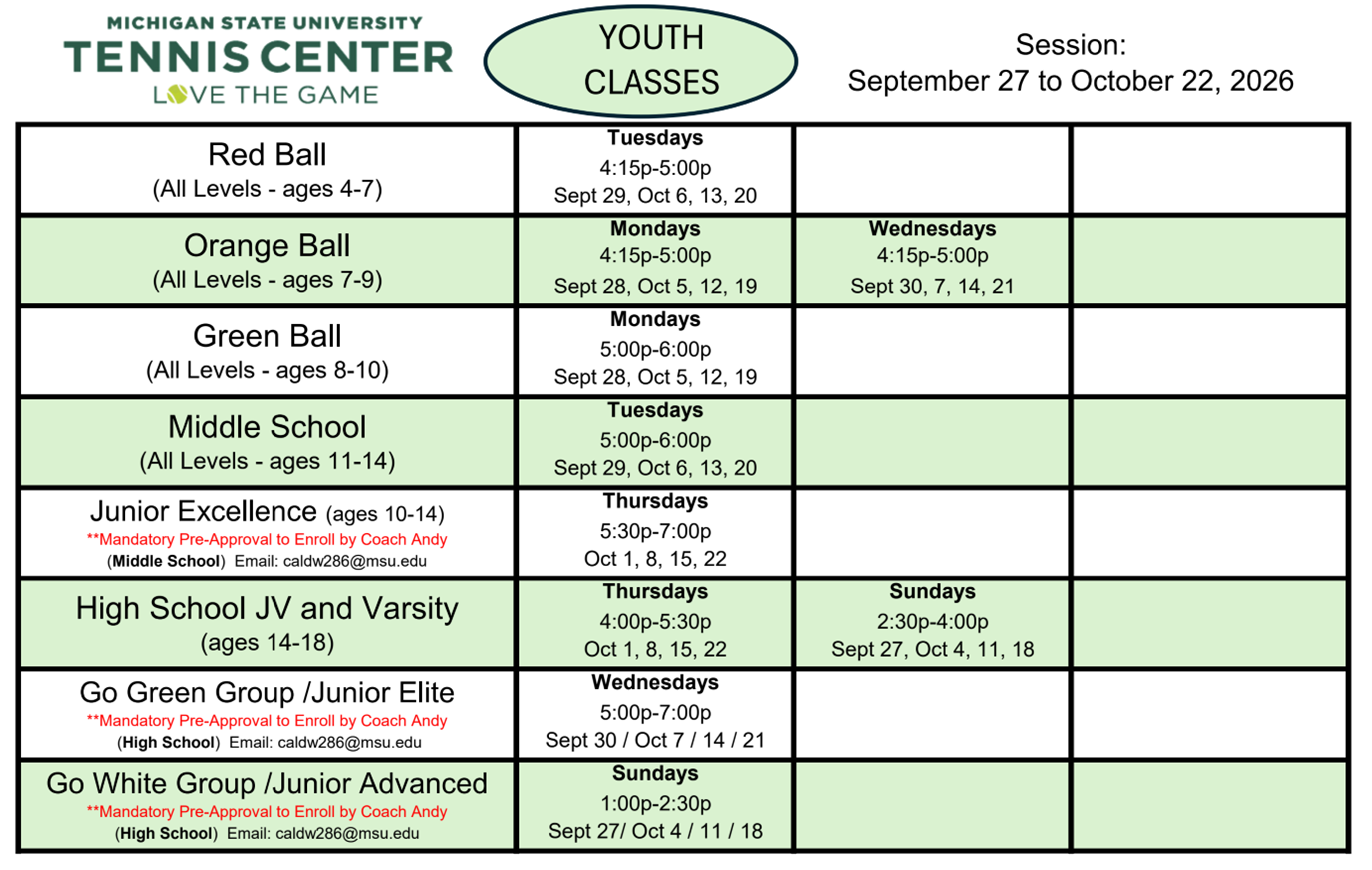 Youth Classes September 27 to October 22