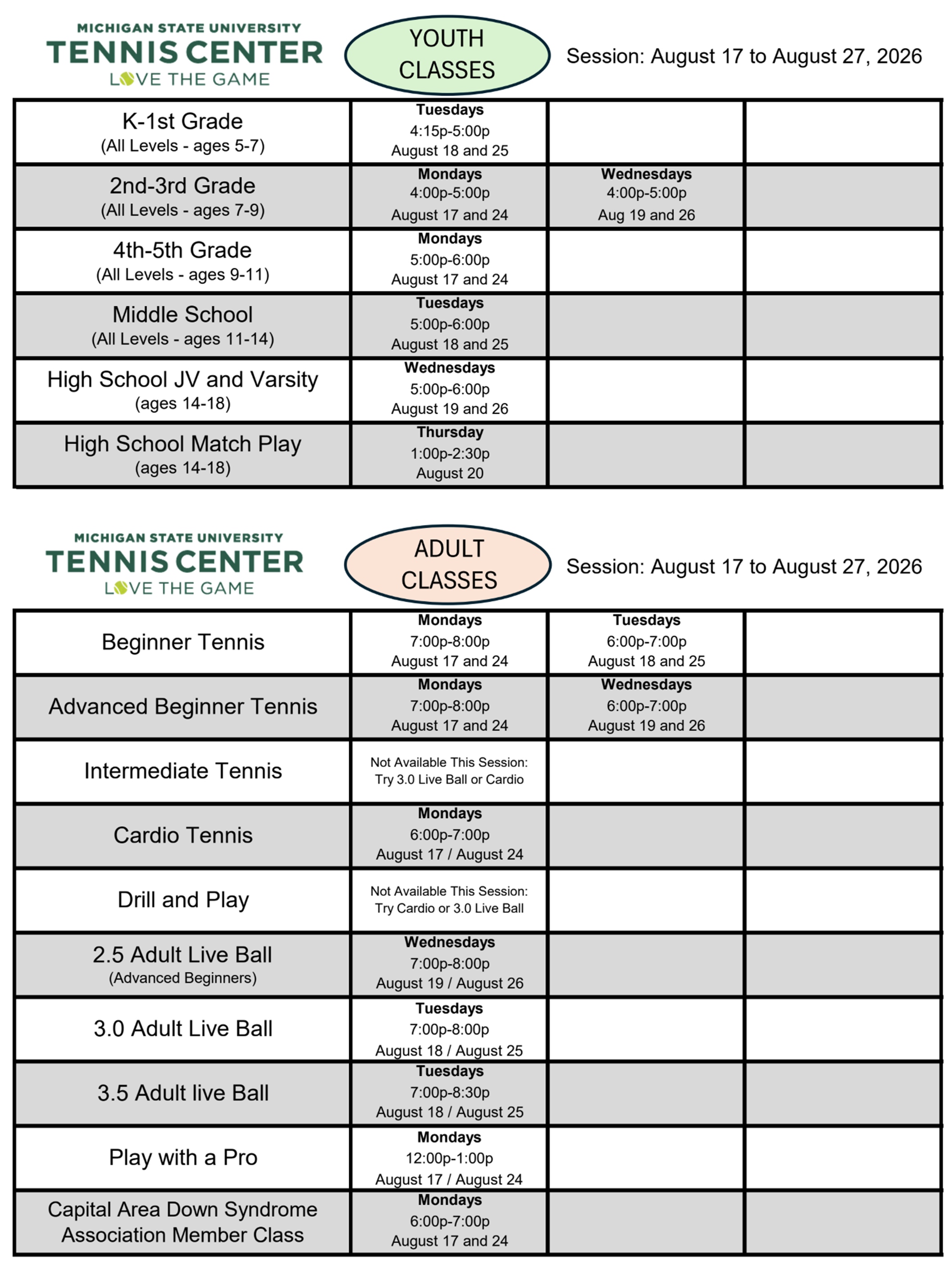 Youth and Adult Classes August 17 through August 27