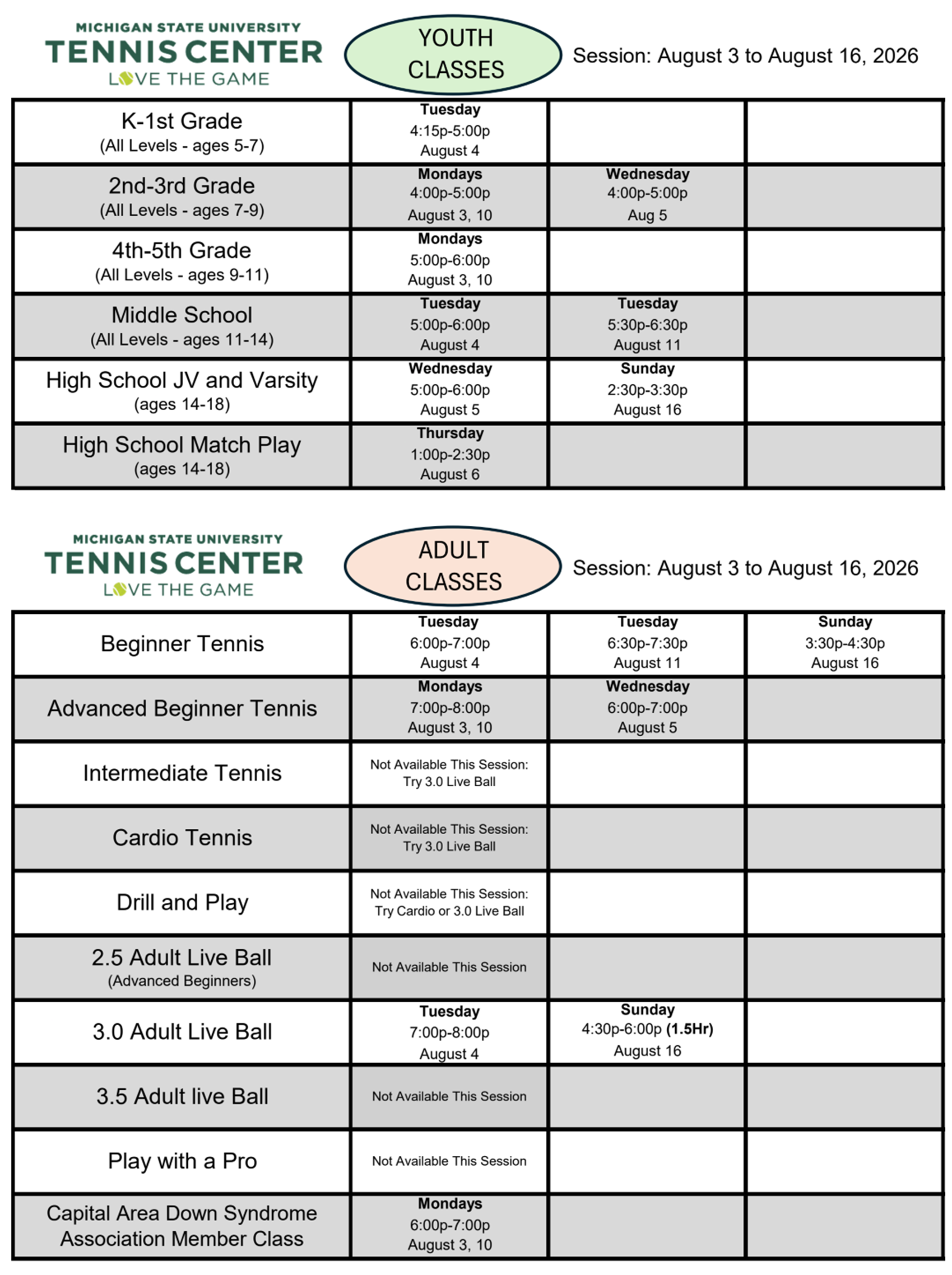 Youth and Adult Classes August 3 through Augusts 16