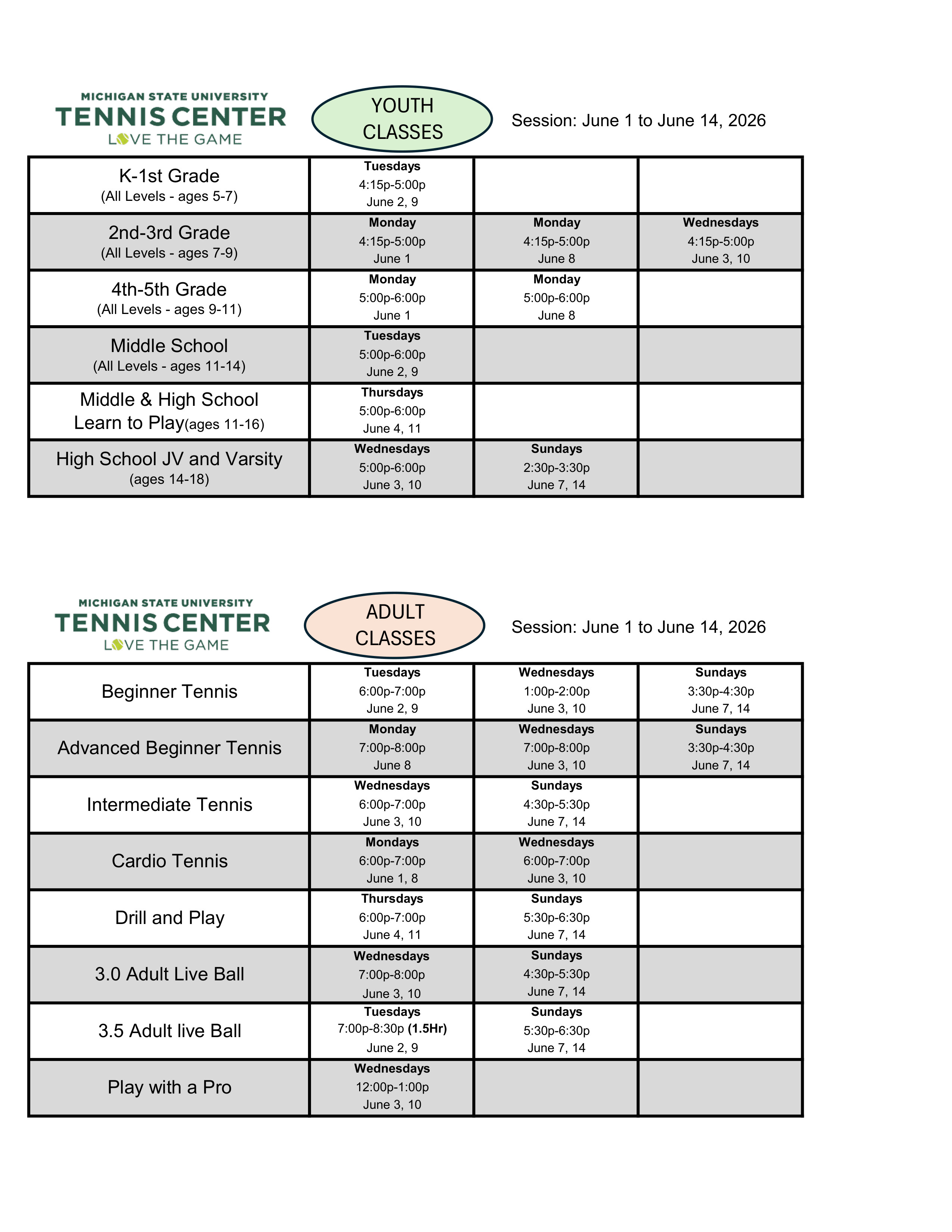 Youth and Adult Classes June 1 to June 14