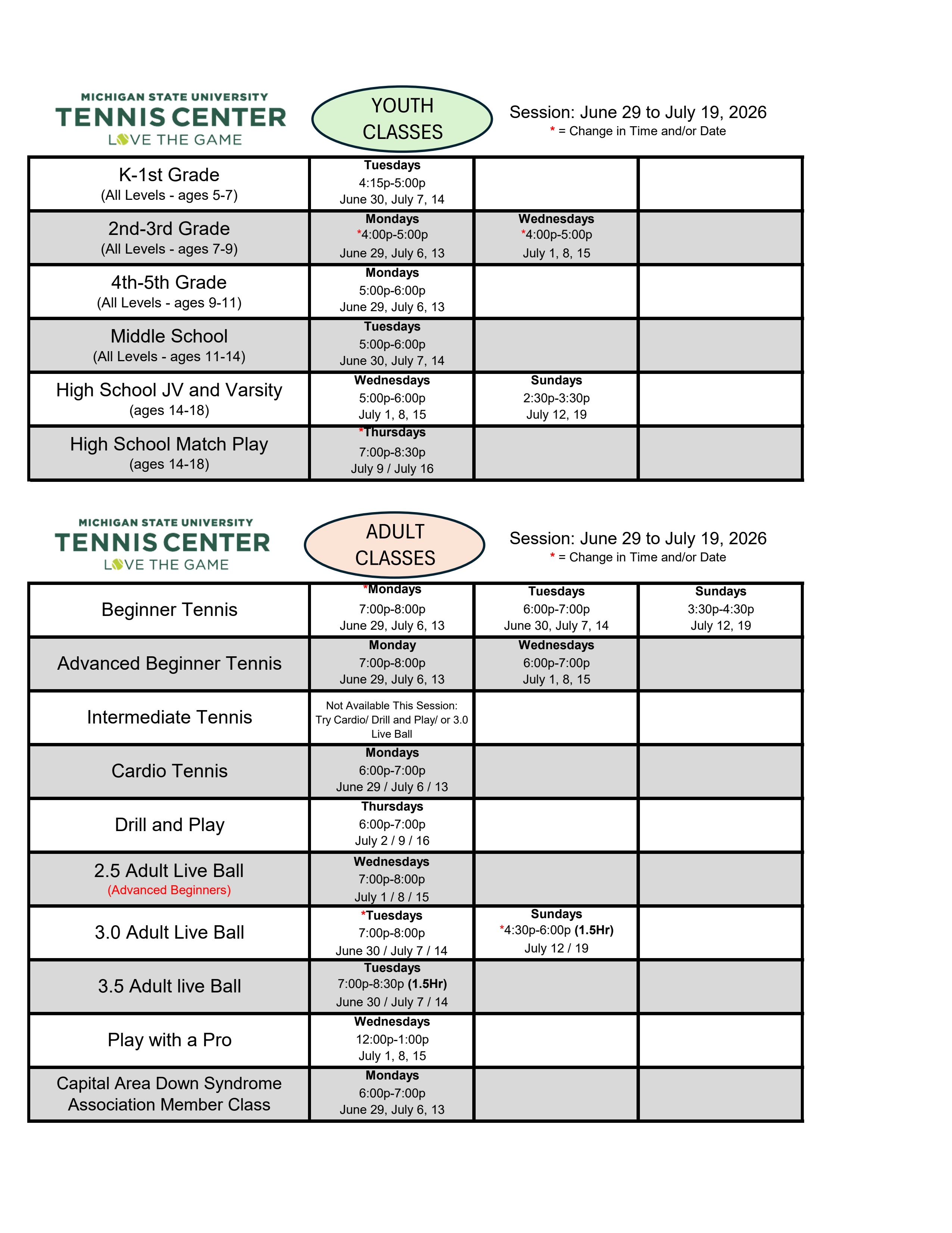 Classes available June 29 to July 19