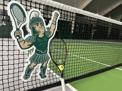 Close up view of tennis net with Sparty image